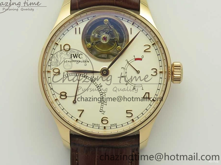 MIROTIME 0223 Portuguese Tourbillon IW504602 RG ZF Best Edition White Dial on Brown Leather Strap Stretchable 7178